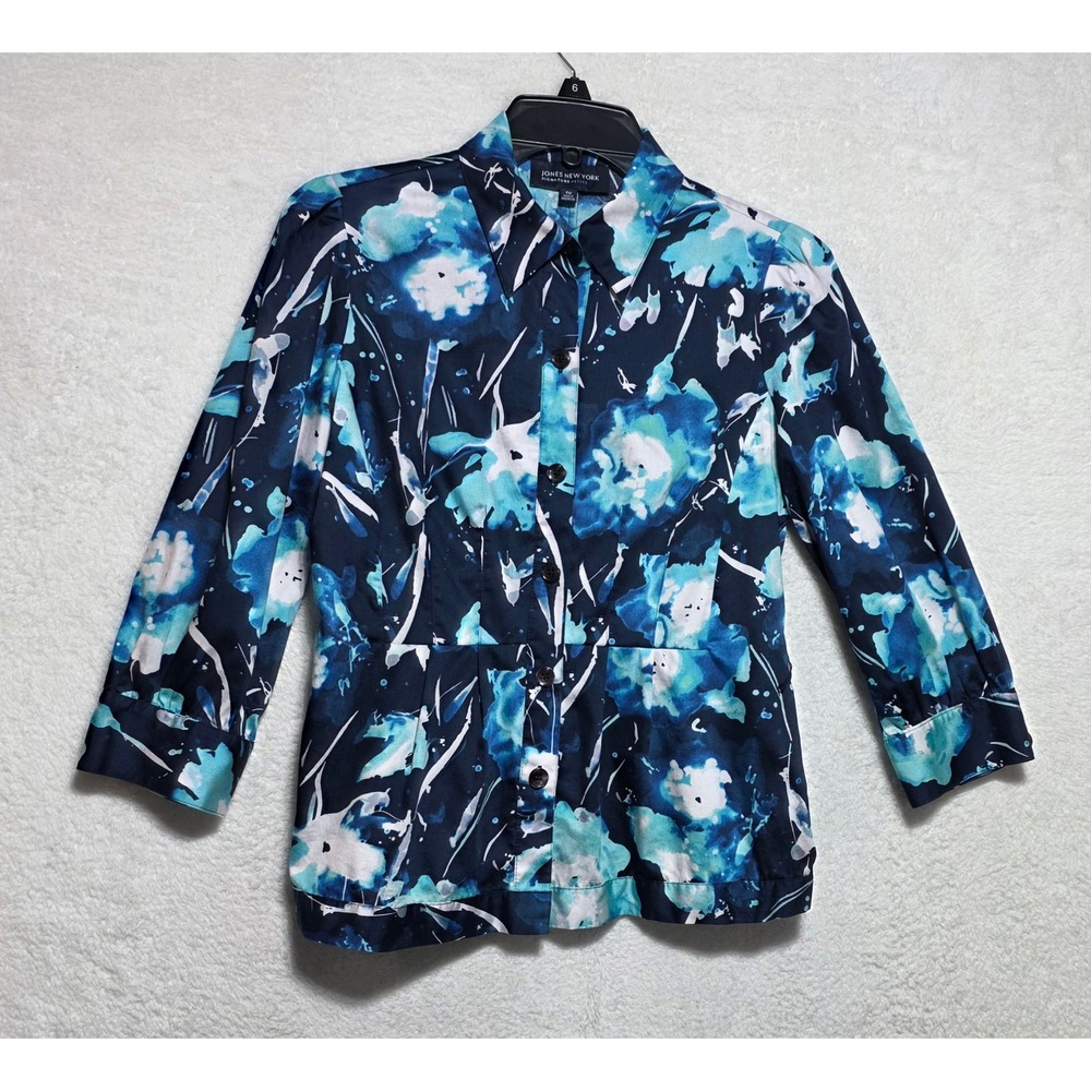 Jones New York Signature Petite Blue Floral Watercolor Peplum Blouse PM